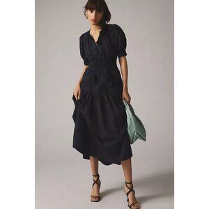 Moon River Tiered Puff Sleeve Black Midi Dress